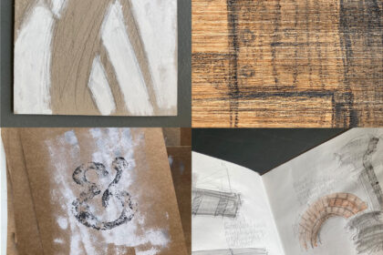 Montage of pictures of leporello cover, showing tracing of banister shadow, ampersand printed on emulsion paint ground, drawing of joinery on veneer and Lydia's hand holding outdoor sketches of architectural details
