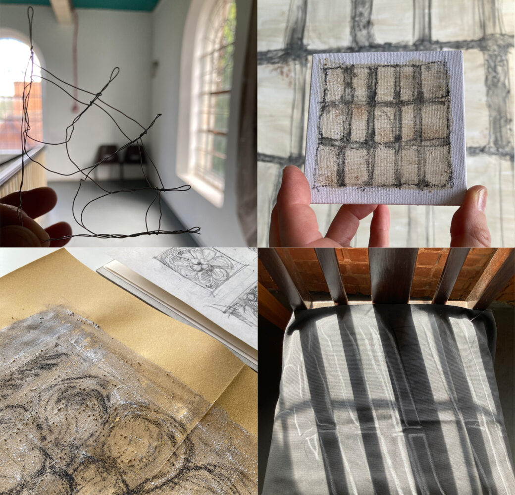 Montage of wire drawing, tiny painting of big drawing, tracing shadows on cloth on a chair and drawing on sandpaper