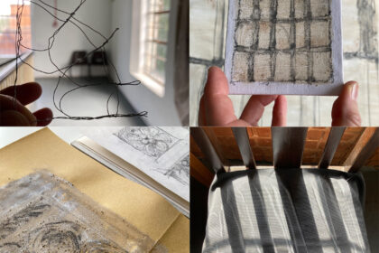 Montage of wire drawing, tiny painting of big drawing, tracing shadows on cloth on a chair and drawing on sandpaper