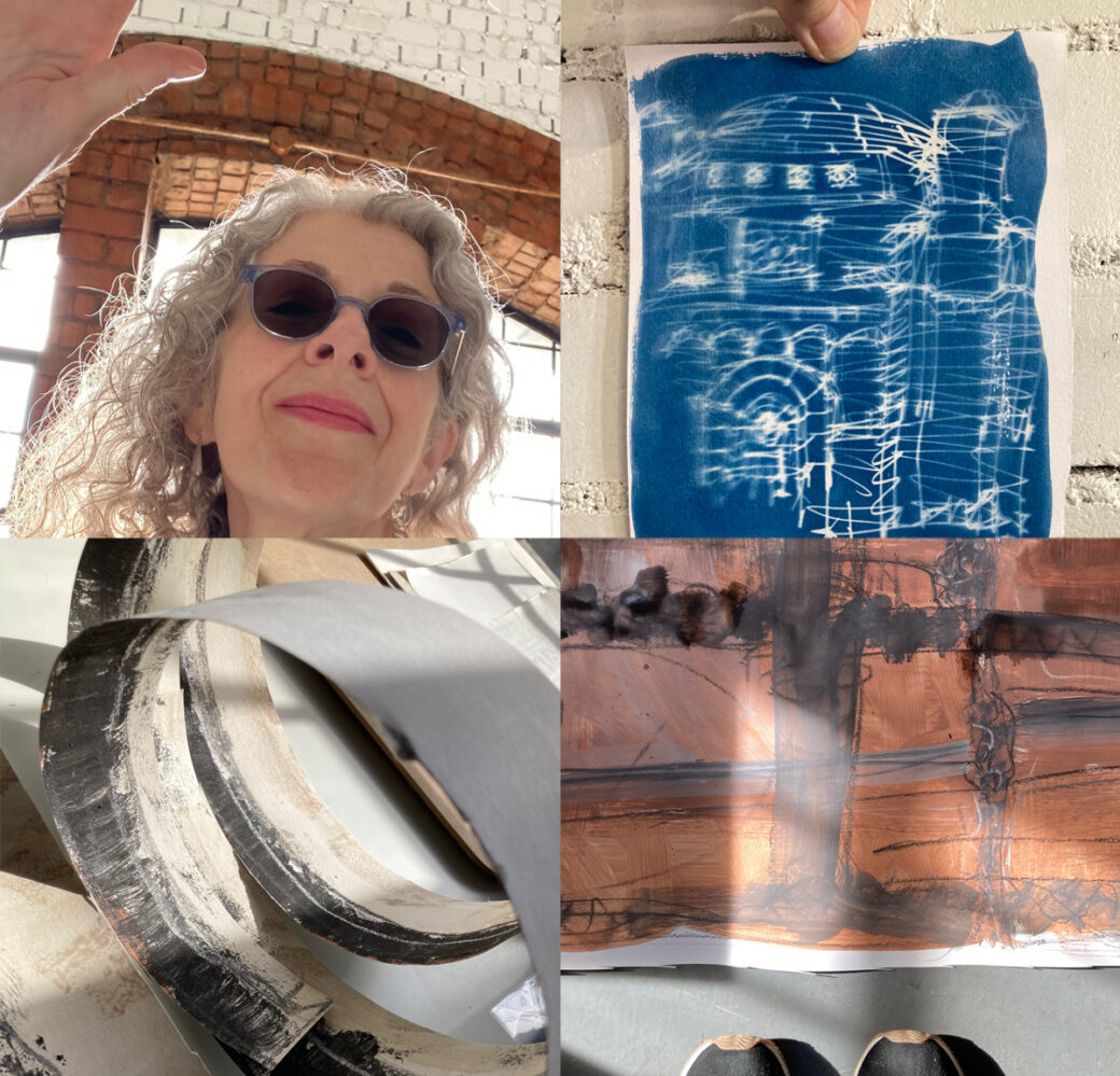 Montage of photographs of Lydia waving, her cyanotype of a drawing of the building, loops of cut up drawing and a section of drawing drawn into with Lydia's feet for scale.