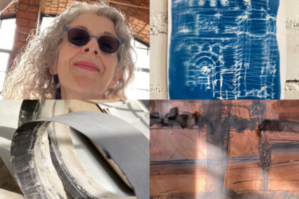 Montage of photographs of Lydia waving, her cyanotype of a drawing of the building, loops of cut up drawing and a section of drawing drawn into with Lydia's feet for scale.