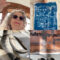 Montage of photographs of Lydia waving, her cyanotype of a drawing of the building, loops of cut up drawing and a section of drawing drawn into with Lydia's feet for scale.