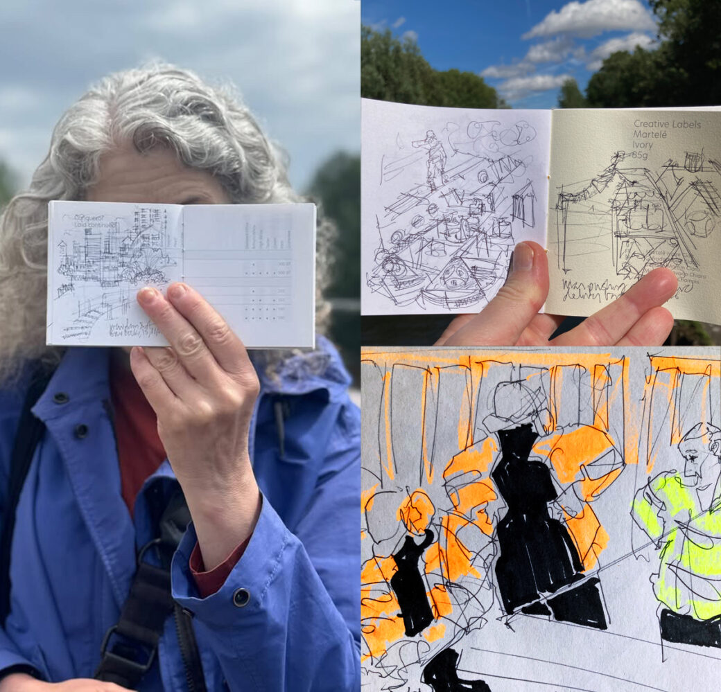Montage of photos, of Lydia holding a sketchbook with a sketch of the view from Bow Locks, a pair of sketches of fuel barge manoeuvres and a sketch of gas works in progress