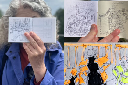 Montage of photos, of Lydia holding a sketchbook with a sketch of the view from Bow Locks, a pair of sketches of fuel barge manoeuvres and a sketch of gas works in progress