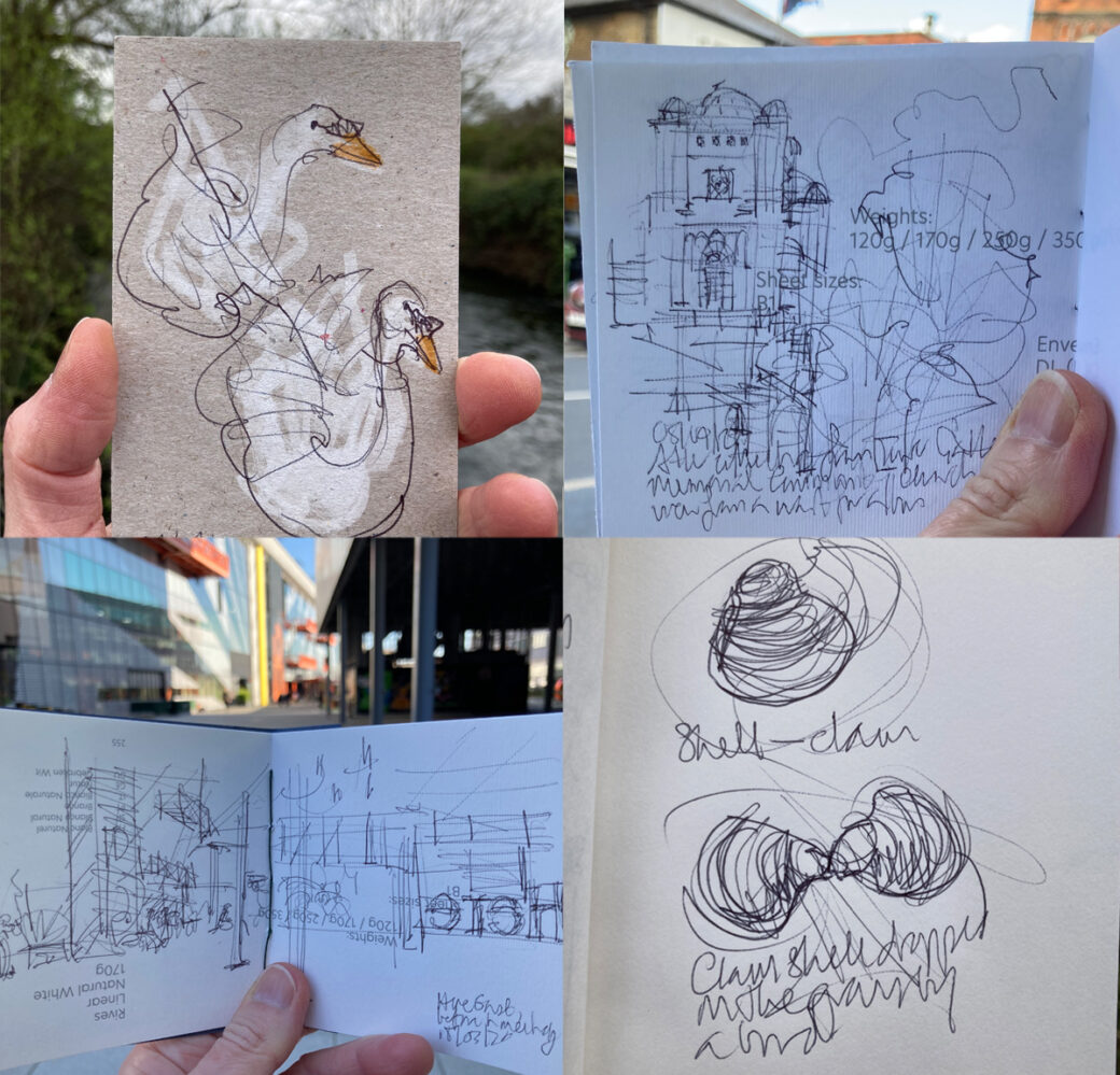 Montage of sketches, of swans, river clams, Here East campus and Memorial Community Church