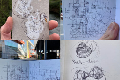 Montage of sketches, of swans, river clams, Here East campus and Memorial Community Church