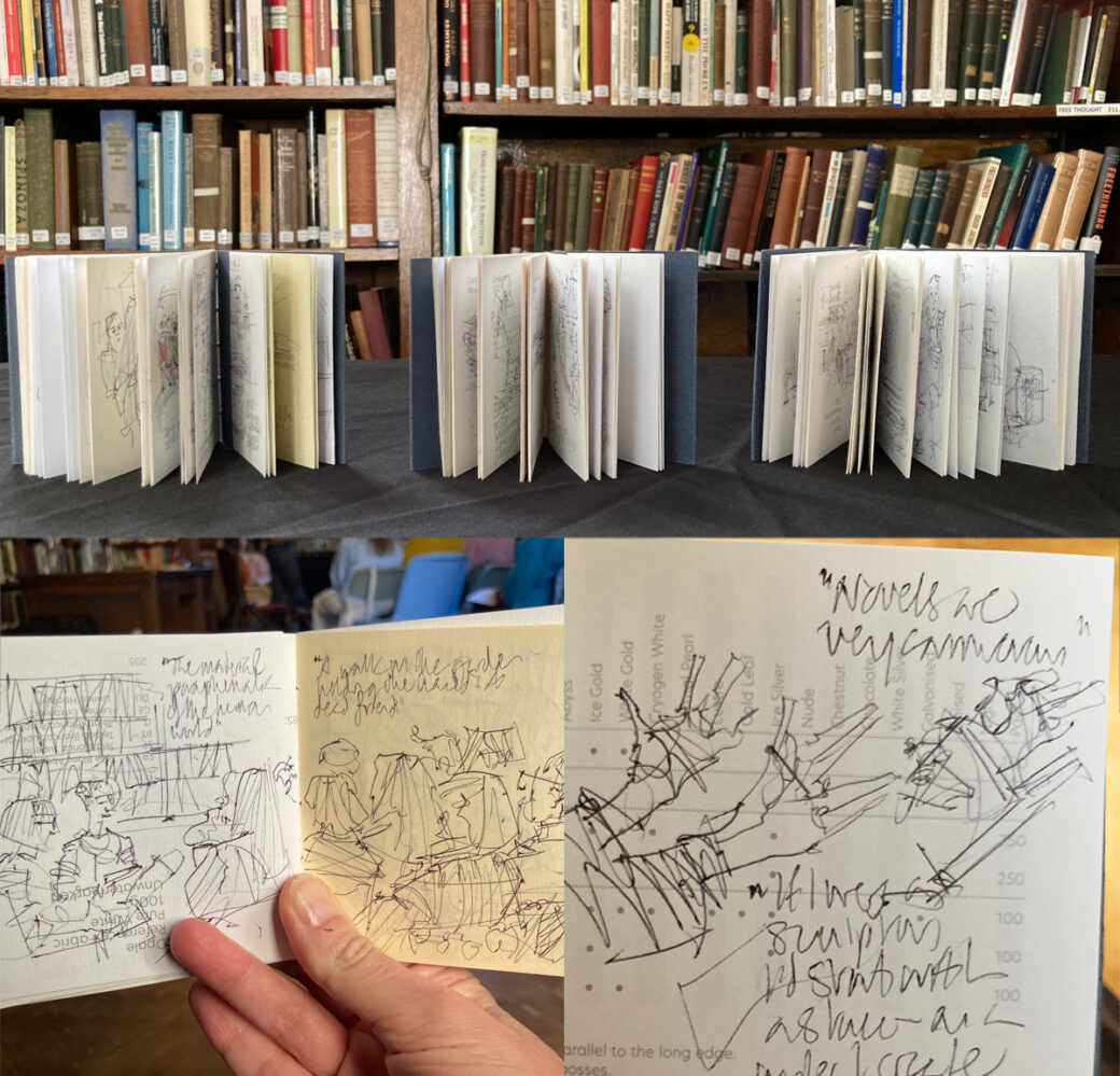 Montage of photos of Lydia's sketchbooks on a cabinet at Conway Hall Library and two of Lydia's sketches at Wordstock