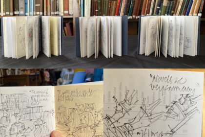 Montage of photos of Lydia's sketchbooks on a cabinet at Conway Hall Library and two of Lydia's sketches at Wordstock