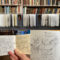 Montage of photos of Lydia's sketchbooks on a cabinet at Conway Hall Library and two of Lydia's sketches at Wordstock